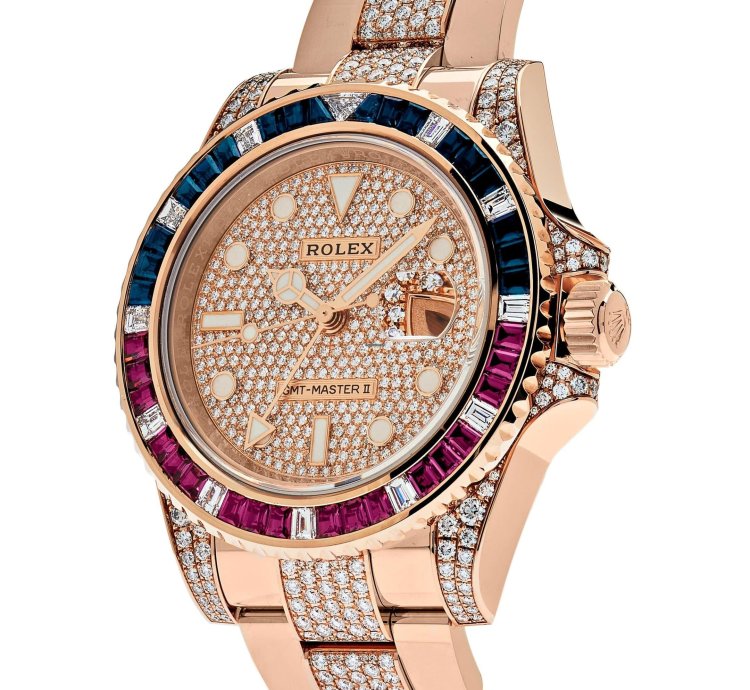Rolex Gmt-master Ii 126755saru Rose Gold Sapphire And Ruby Diamond Pave
