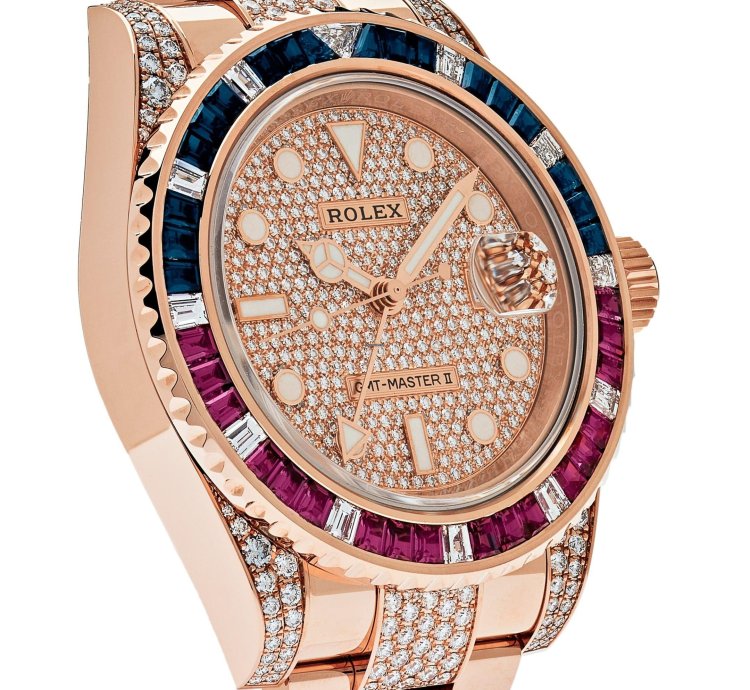 Rolex Gmt-master Ii 126755saru Rose Gold Sapphire And Ruby Diamond Pave