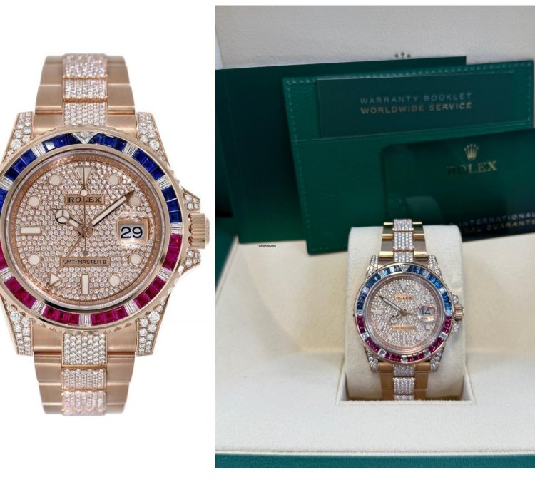 Rolex Gmt-master Ii Everose Gold Full Diamond Paved Dial Bracelet Sapphire Ruby