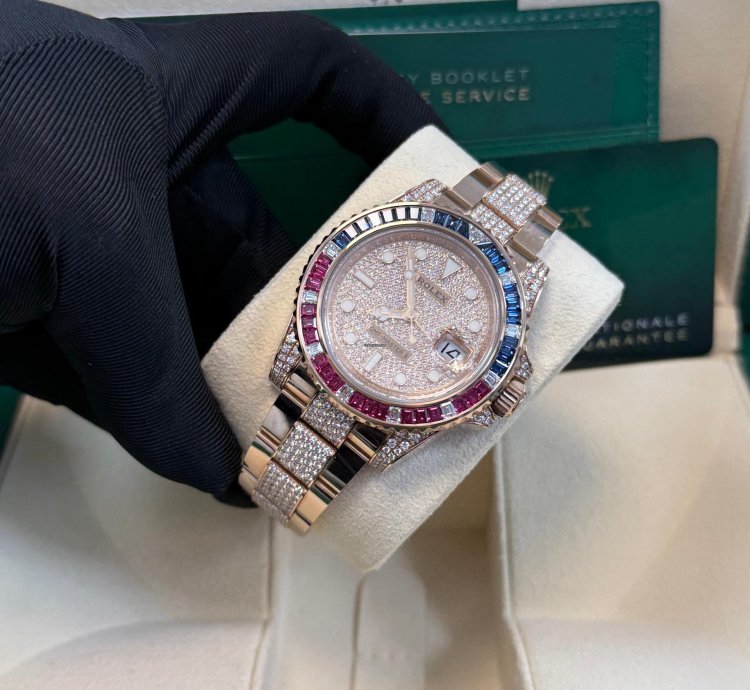 Rolex Gmt-master Ii Everose Gold Full Diamond Paved Dial Bracelet Sapphire Ruby