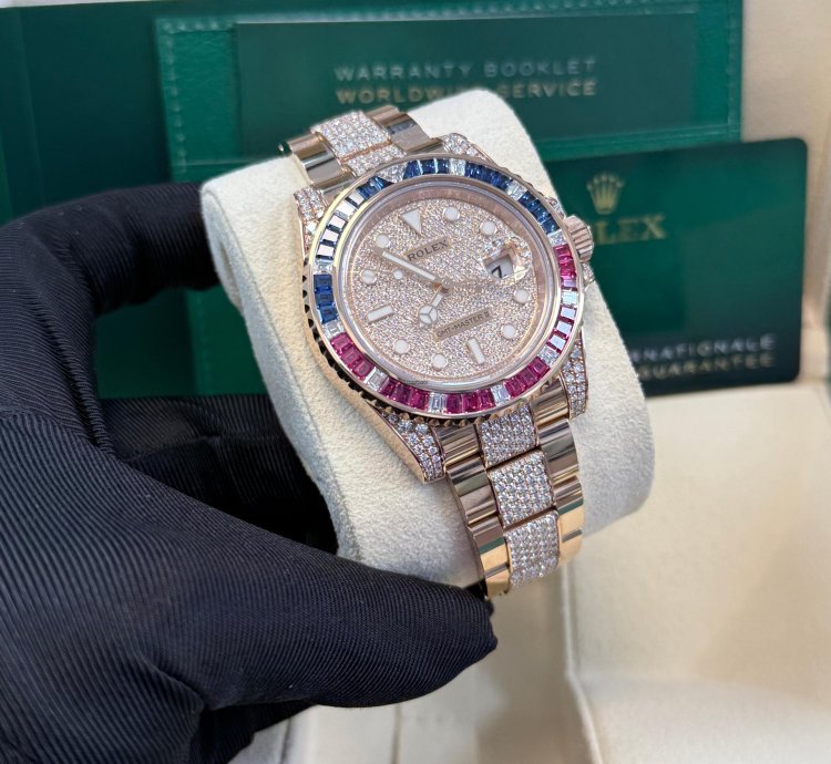 Rolex Gmt-master Ii Everose Gold Full Diamond Paved Dial Bracelet Sapphire Ruby