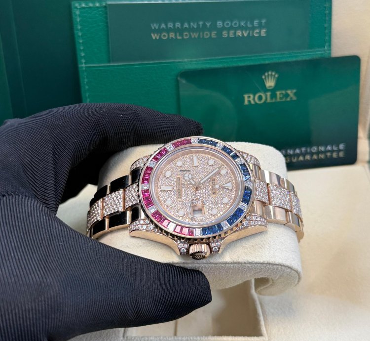 Rolex Gmt-master Ii Everose Gold Full Diamond Paved Dial Bracelet Sapphire Ruby