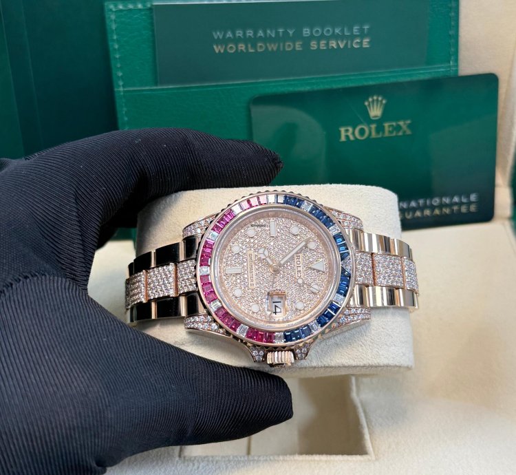 Rolex Gmt-master Ii Everose Gold Full Diamond Paved Dial Bracelet Sapphire Ruby
