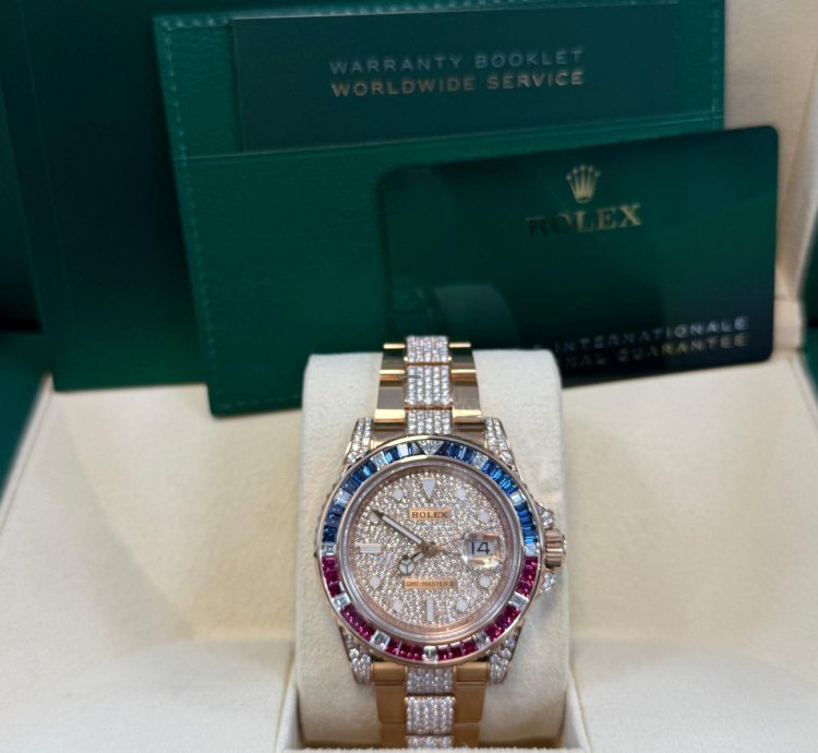Rolex Gmt-master Ii Everose Gold Full Diamond Paved Dial Bracelet Sapphire Ruby