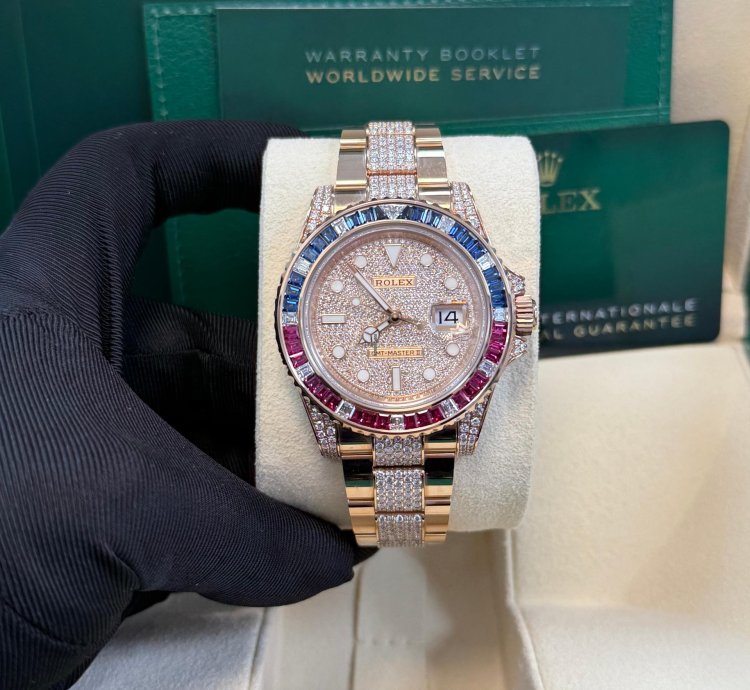 Rolex Gmt-master Ii Everose Gold Full Diamond Paved Dial Bracelet Sapphire Ruby