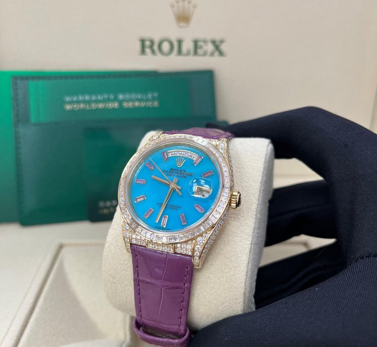 Rolex Day-date 128458tbr Purple Strap Blue Dial Factory Diamonds