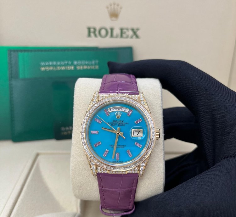 Rolex Day-date 128458tbr Purple Strap Blue Dial Factory Diamonds