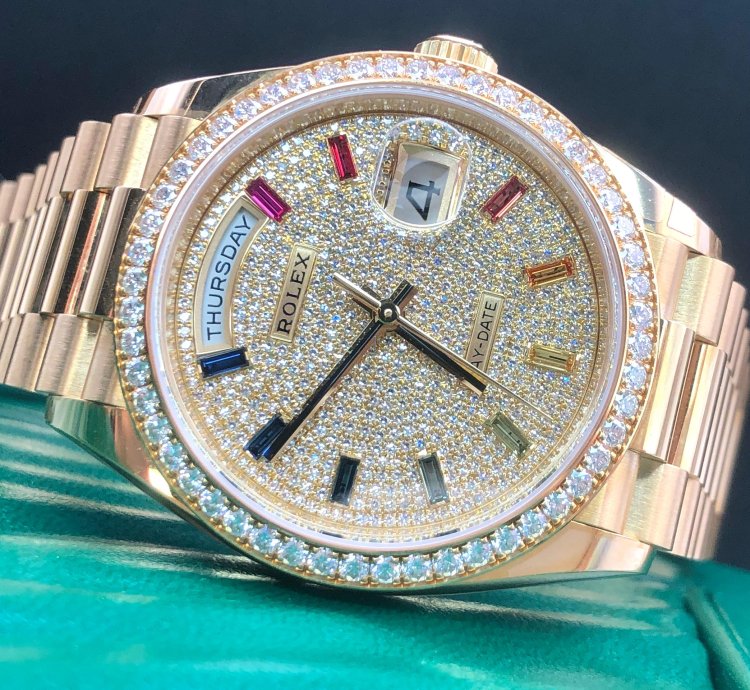 Rolex Day-date 36 Diamond Pav Rainbow Dial Yellow Gold President Diamond Bezel