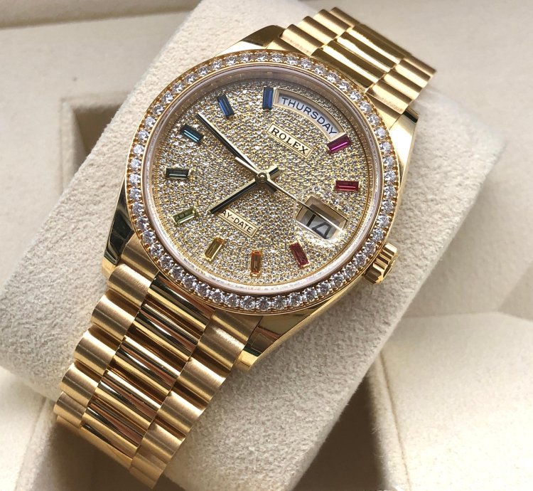 Rolex Day-date 36 Diamond Pav Rainbow Dial Yellow Gold President Diamond Bezel