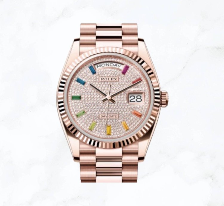 Rolex Day-date 36 Everose Gold Rainbow Pave Diamond Dial 128235 new Unworn