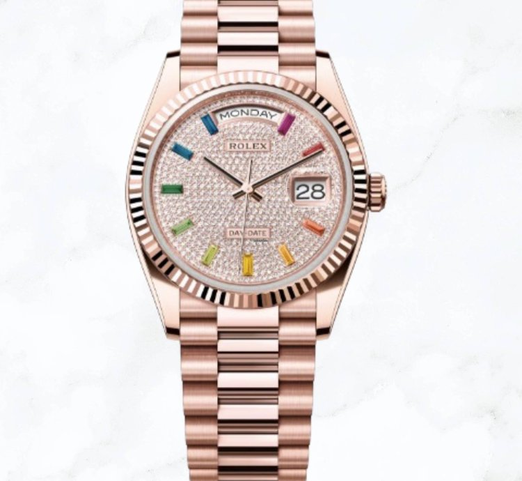 Rolex Day-date 36 Everose Gold Rainbow Pave Diamond Dial 128235 new Unworn