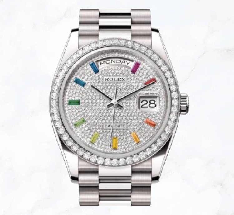 Rolex Day-date 36 White Gold Pave Baguette Dial 128349rbr new Unworn