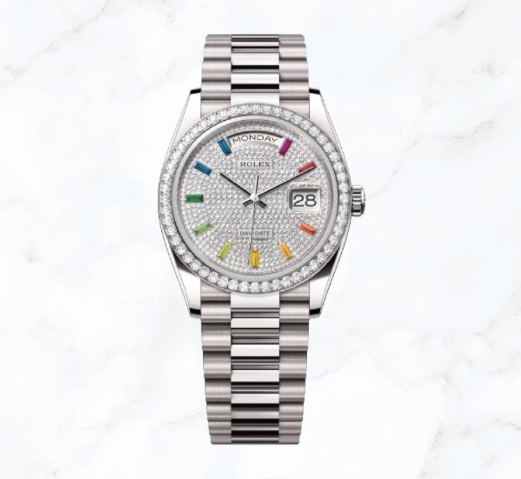 Rolex Day-date 36 White Gold Pave Baguette Dial 128349rbr new Unworn