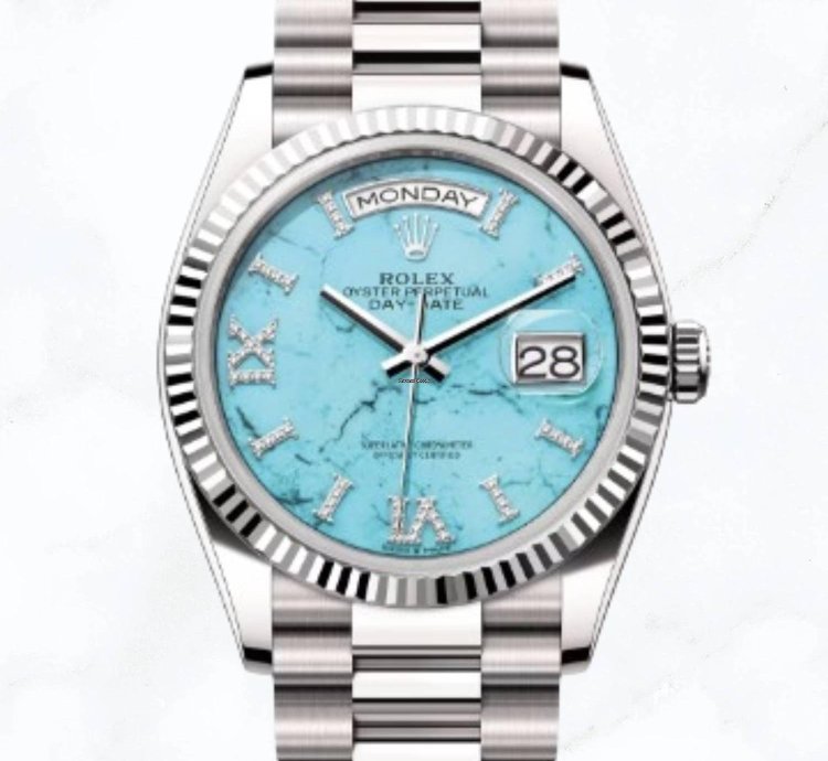 Rolex Day-date 36 White Gold Turquoise Diamond Dial 128239 new Unworn