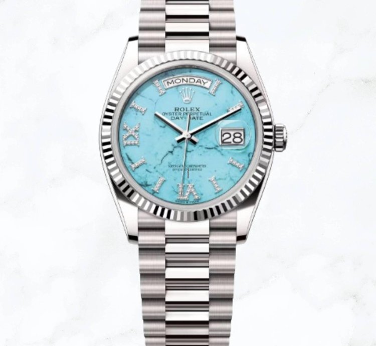 Rolex Day-date 36 White Gold Turquoise Diamond Dial 128239 new Unworn