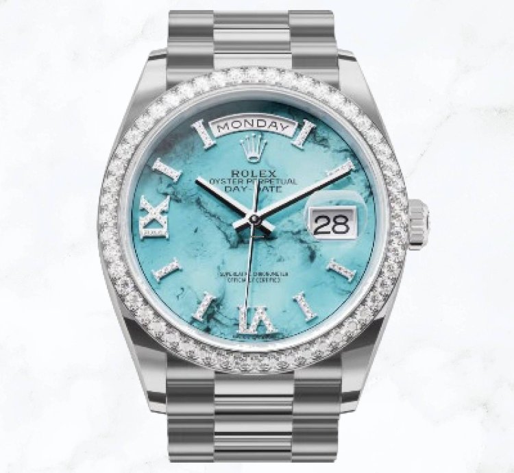 Rolex Day-date 36 White Gold Turquoise Roman Diamond Dial 128349rbr new Unworn