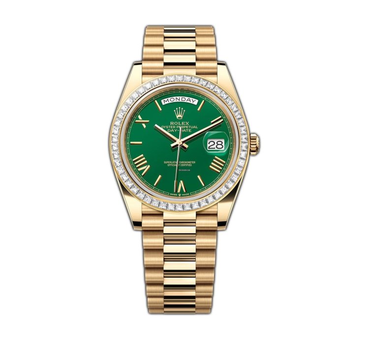 Rolex Day-date 40 40mm 18k Yellow Gold President Baguette Diamond Bezel Green Roman Dial