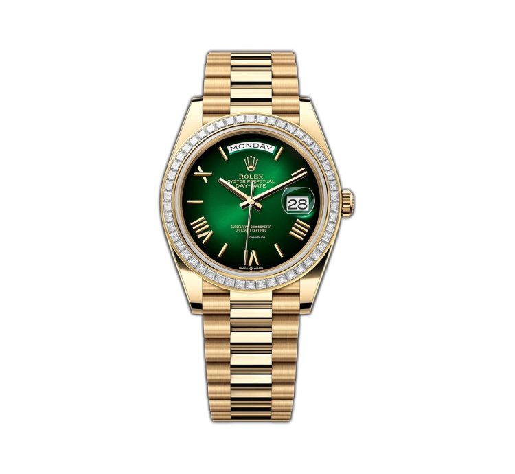 Rolex Day-date 40 40mm 18k Yellow Gold President Baguette Diamond Bezel Green Roman Ombre