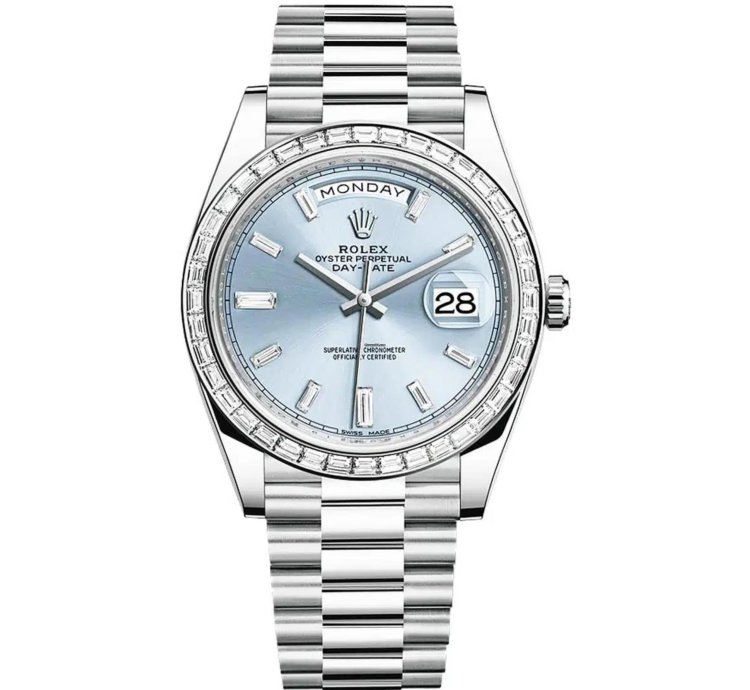 Rolex Day-date 40 40mm Baguette Diamond Bezel Platinum Ice Blue Diamond Dial 228239tbr