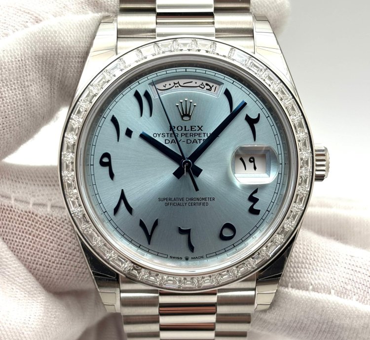 Rolex Day-date 40 40mm Platinum Ice Blue Arabic Dial Diamond Baguette Bezel 228396tbr 2022