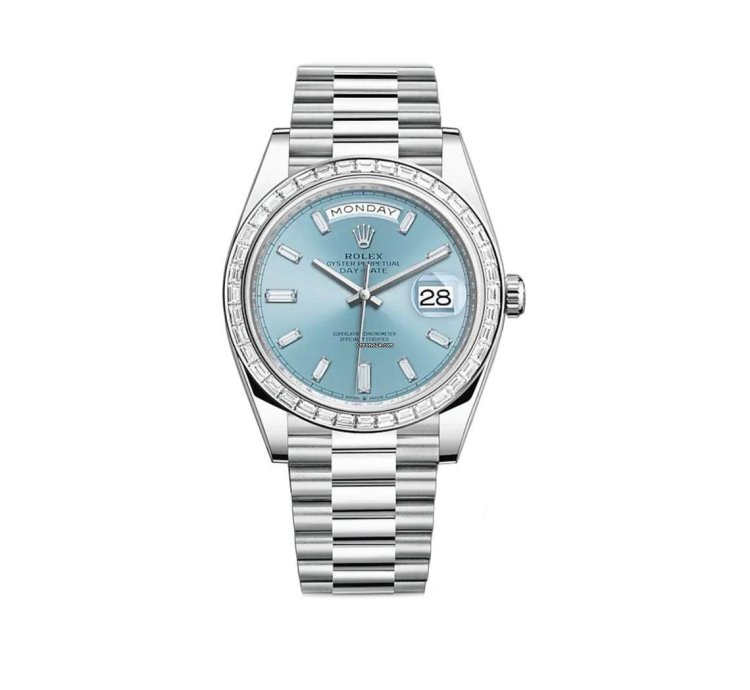 Rolex Day-date 40 40mm Platinum President Baguette Diamond Bezel Ice Blue Baguette Diamond Dial