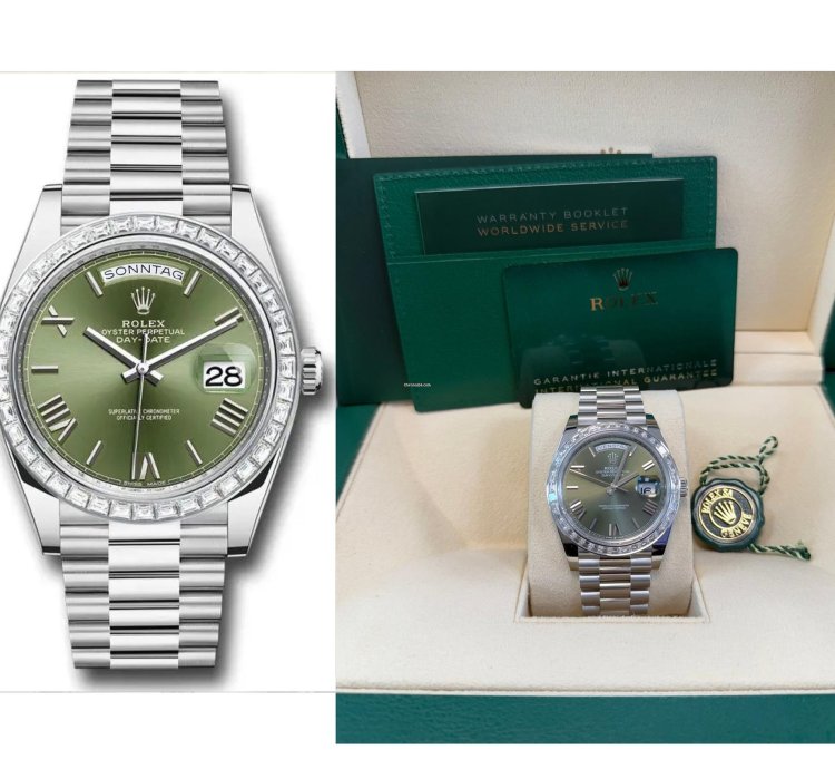 Rolex Day-date 40 Baguette Diamond Bezel Olive Green Roman Dial 228396tbr German Day Wheel