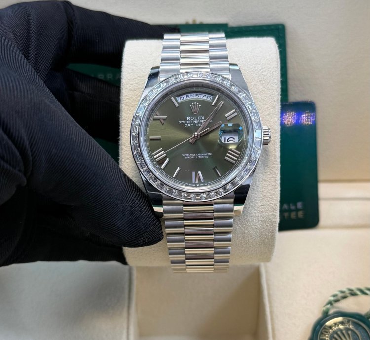 Rolex Day-date 40 Baguette Diamond Bezel Olive Green Roman Dial 228396tbr German Day Wheel