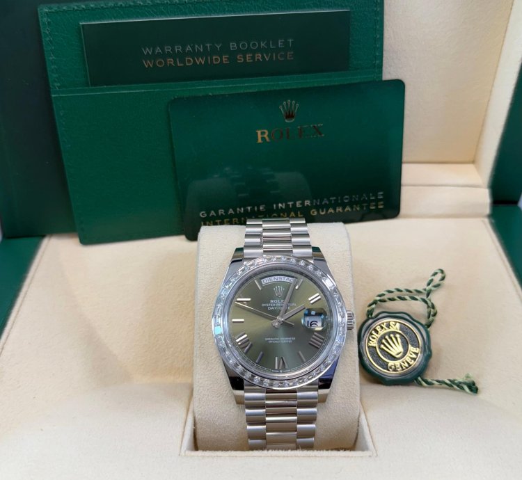 Rolex Day-date 40 Baguette Diamond Bezel Olive Green Roman Dial 228396tbr German Day Wheel
