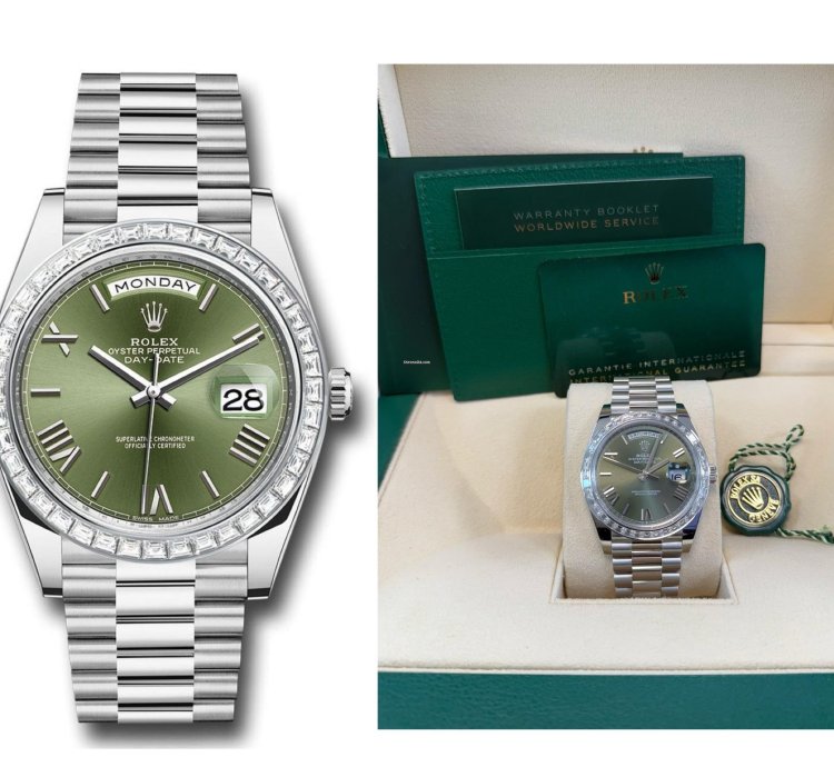 Rolex Day-date 40 Baguette Diamond Bezel Olive Green Roman Dial President Bracelet 228396tbr