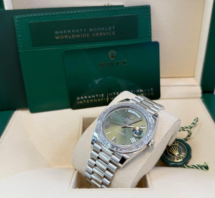 Rolex Day-date 40 Baguette Diamond Bezel Olive Green Roman Dial President Bracelet 228396tbr