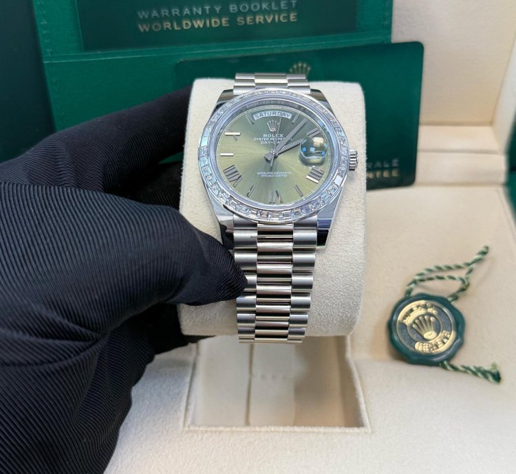 Rolex Day-date 40 Baguette Diamond Bezel Olive Green Roman Dial President Bracelet 228396tbr