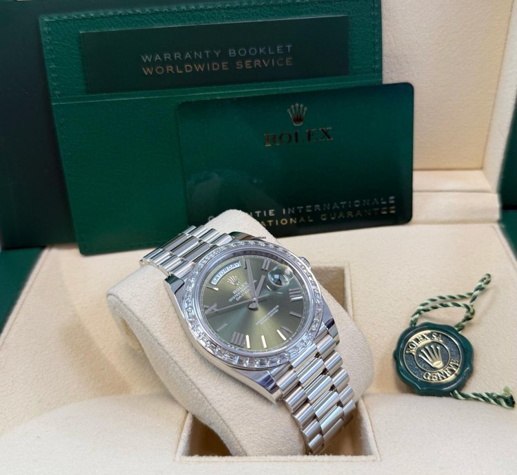 Rolex Day-date 40 Baguette Diamond Bezel Olive Green Roman Dial President Bracelet 228396tbr