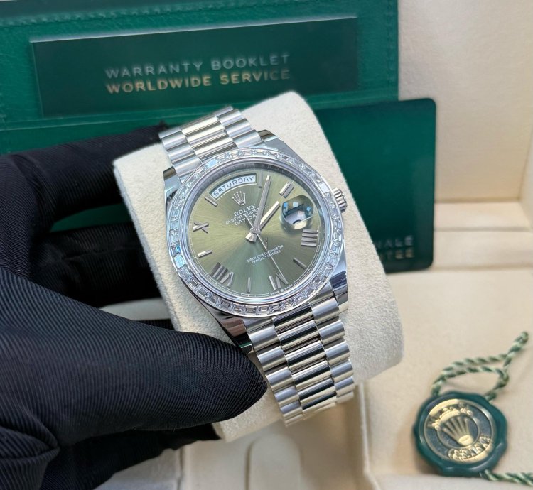 Rolex Day-date 40 Baguette Diamond Bezel Olive Green Roman Dial President Bracelet 228396tbr