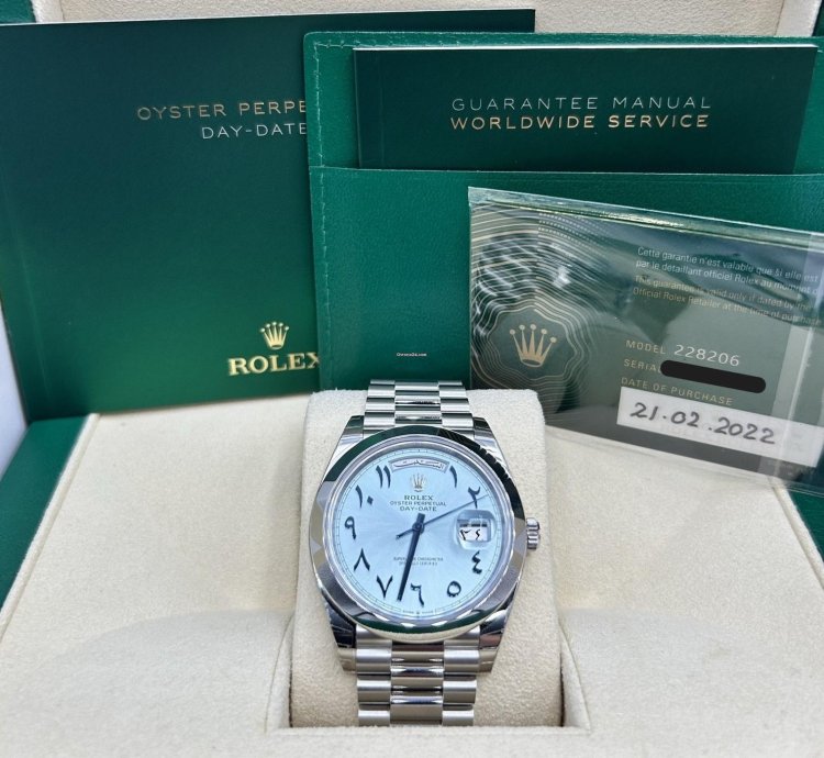 Rolex Day-date 40 Ice Blue Arabic President 228206 Platinum New Full Set New