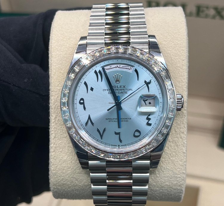 Rolex Day-date 40 Ice Blue With Arabic Numerals Dial Baguette Diamond Bezel Full Platinum
