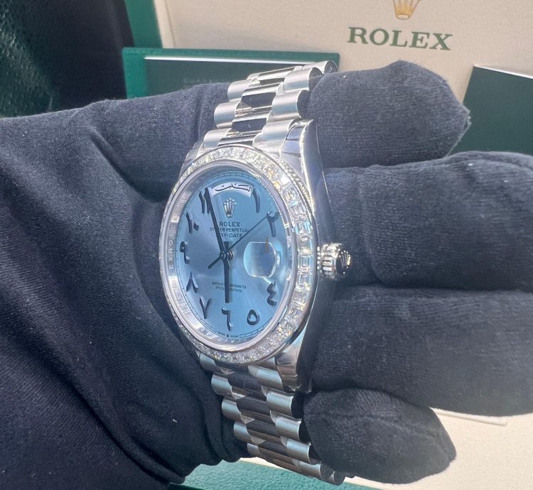 Rolex Day-date 40 Ice Blue With Arabic Numerals Dial Baguette Diamond Bezel Full Platinum