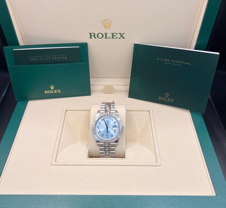 Rolex Day-date 40 Ice Blue With Arabic Numerals Dial Baguette Diamond Bezel Full Platinum