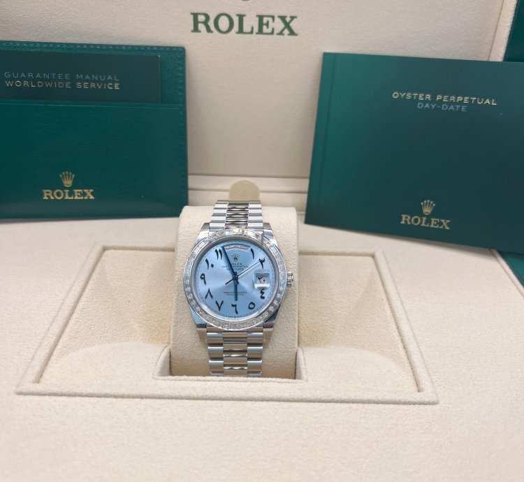 Rolex Day-date 40 Ice Blue With Arabic Numerals Dial Baguette Diamond Bezel Full Platinum