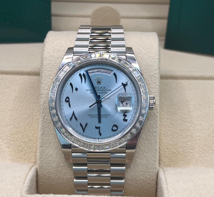 Rolex Day-date 40 Ice Blue With Arabic Numerals Dial Baguette Diamond Bezel Full Platinum