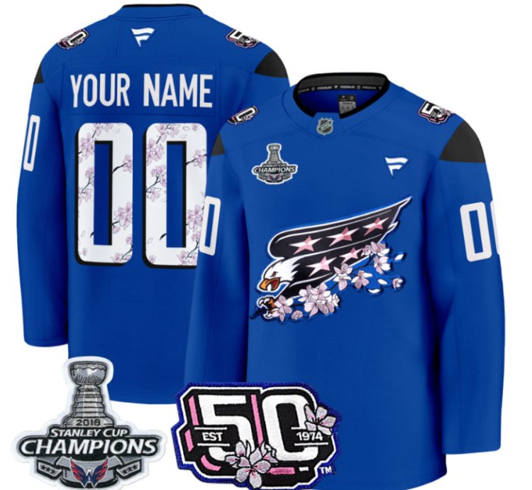 Custom Washington Capitals Jersey 50th Anniversary 2018 Stanley Cup Champions Patch Royal