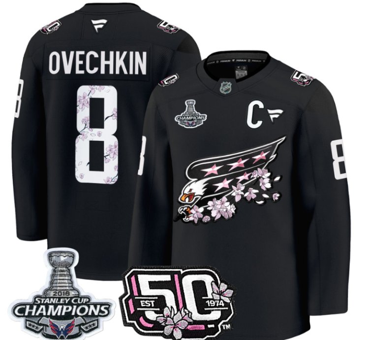 Alex Ovechkin Jersey 8 Washington Capitals 50th 2018 Stanley Cup Champions Patch Black