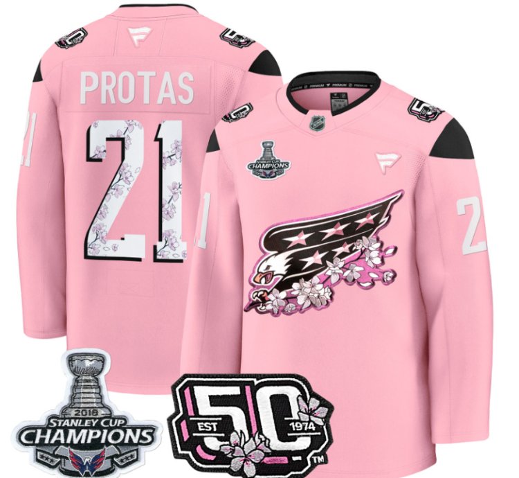 Aliaksei Protas Jersey 21 Washington Capitals 50th 2018 Stanley Cup Champions Patch Cherry Blossom