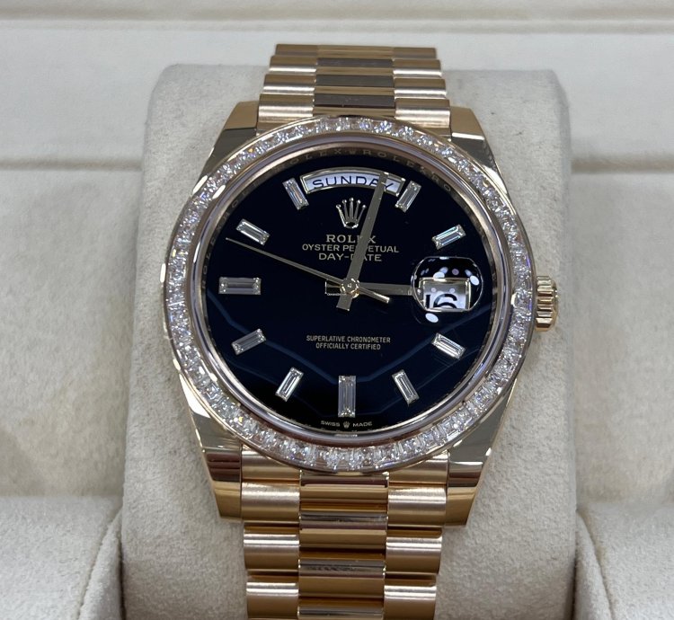 Rolex Day-date 40 Onyx Diamond Dial Baguette Diamond Bezel