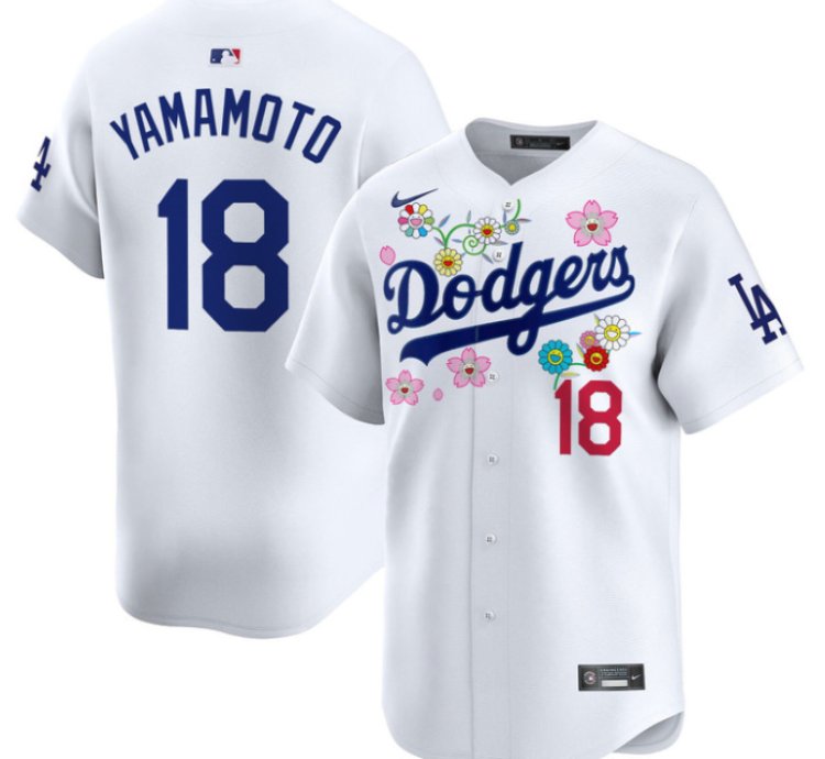Yamamoto kanji Jersey 18 Dodgers X Takashi Murakami 2025 Vapor Stitched White