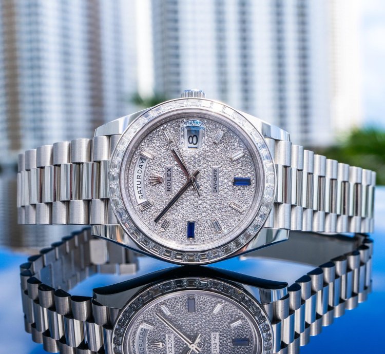 Rolex Day-date 40 Unworn Day-date 40mm Platinum With Baguette Bezel 228396tbr Pave Dial
