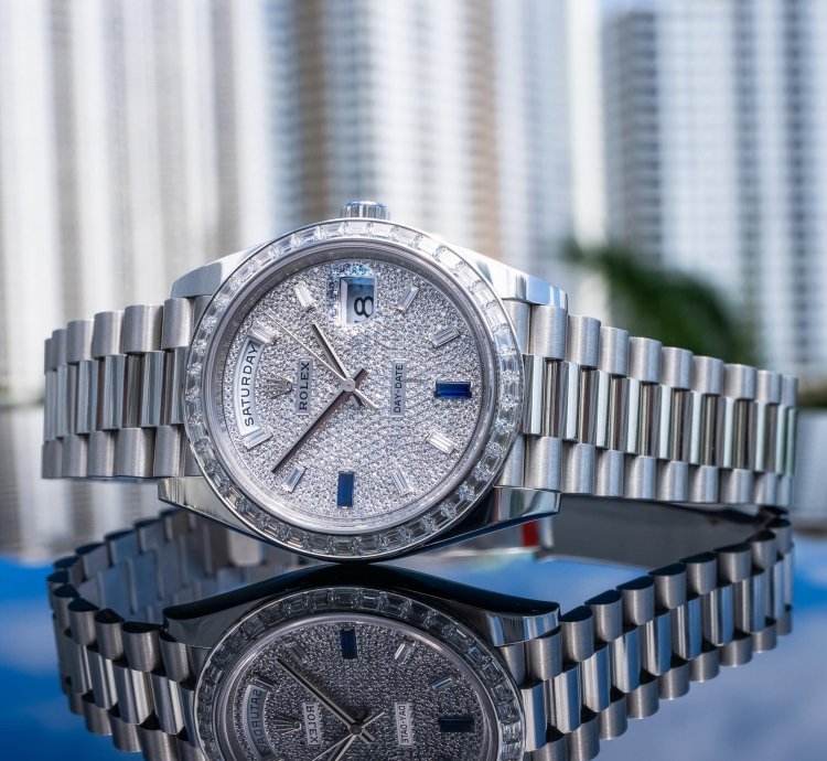 Rolex Day-date 40 Unworn Day-date 40mm Platinum With Baguette Bezel 228396tbr Pave Dial