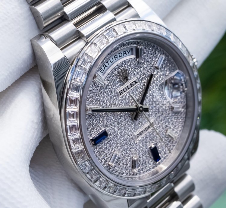 Rolex Day-date 40 Unworn Day-date 40mm Platinum With Baguette Bezel 228396tbr Pave Dial