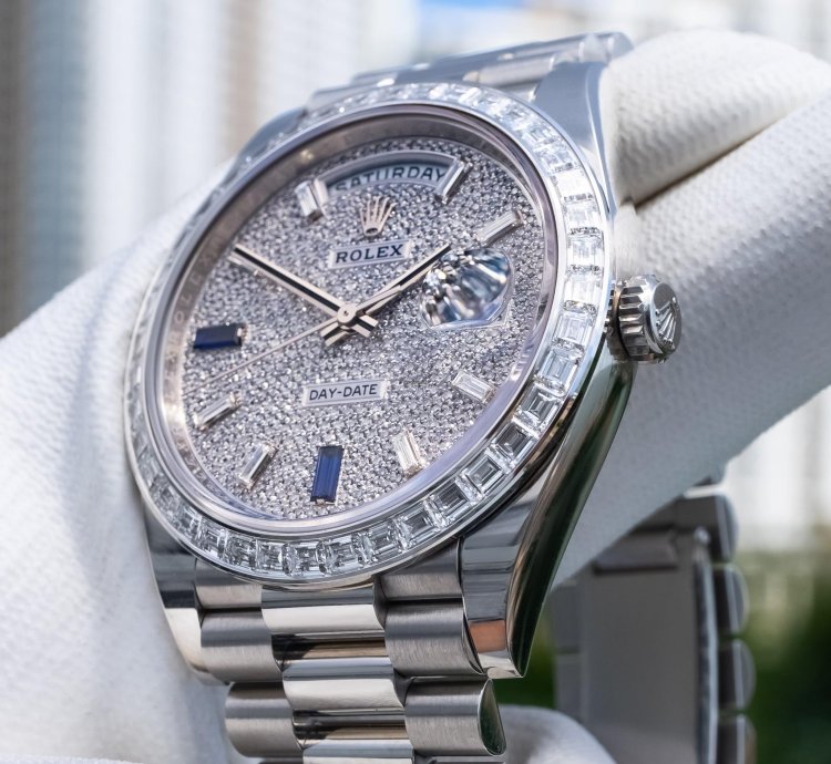 Rolex Day-date 40 Unworn Day-date 40mm Platinum With Baguette Bezel 228396tbr Pave Dial