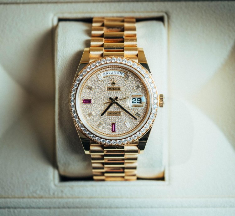 Rolex Day-date 40 With Pave Diamond Dial With 2 Ruby Baguettes 18k Yellow Gold