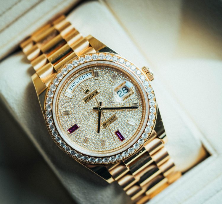 Rolex Day-date 40 With Pave Diamond Dial With 2 Ruby Baguettes 18k Yellow Gold